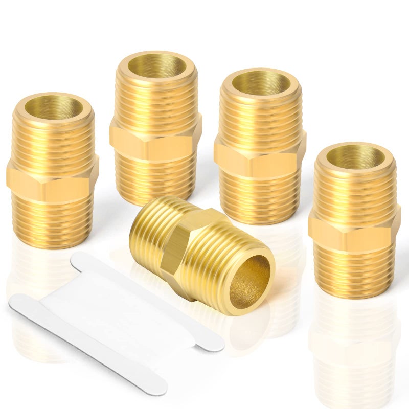 TAISHER 5PCS Brass Pipe Fitting Adapter, Hex Nipple, 3/4-Inch Male Pipe x 3/4-Inch Male Pipe - Image 1